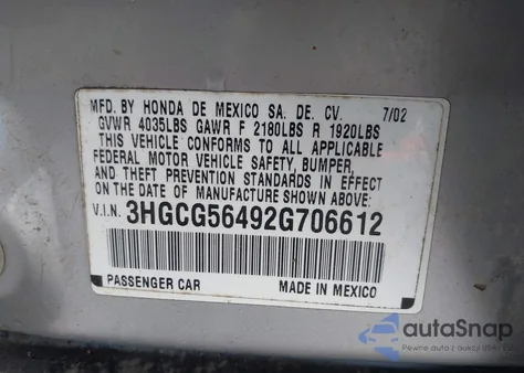 2002 Honda Accord 2.3 Lx из США, поврежденный, VIN 3HGCG56492G706612